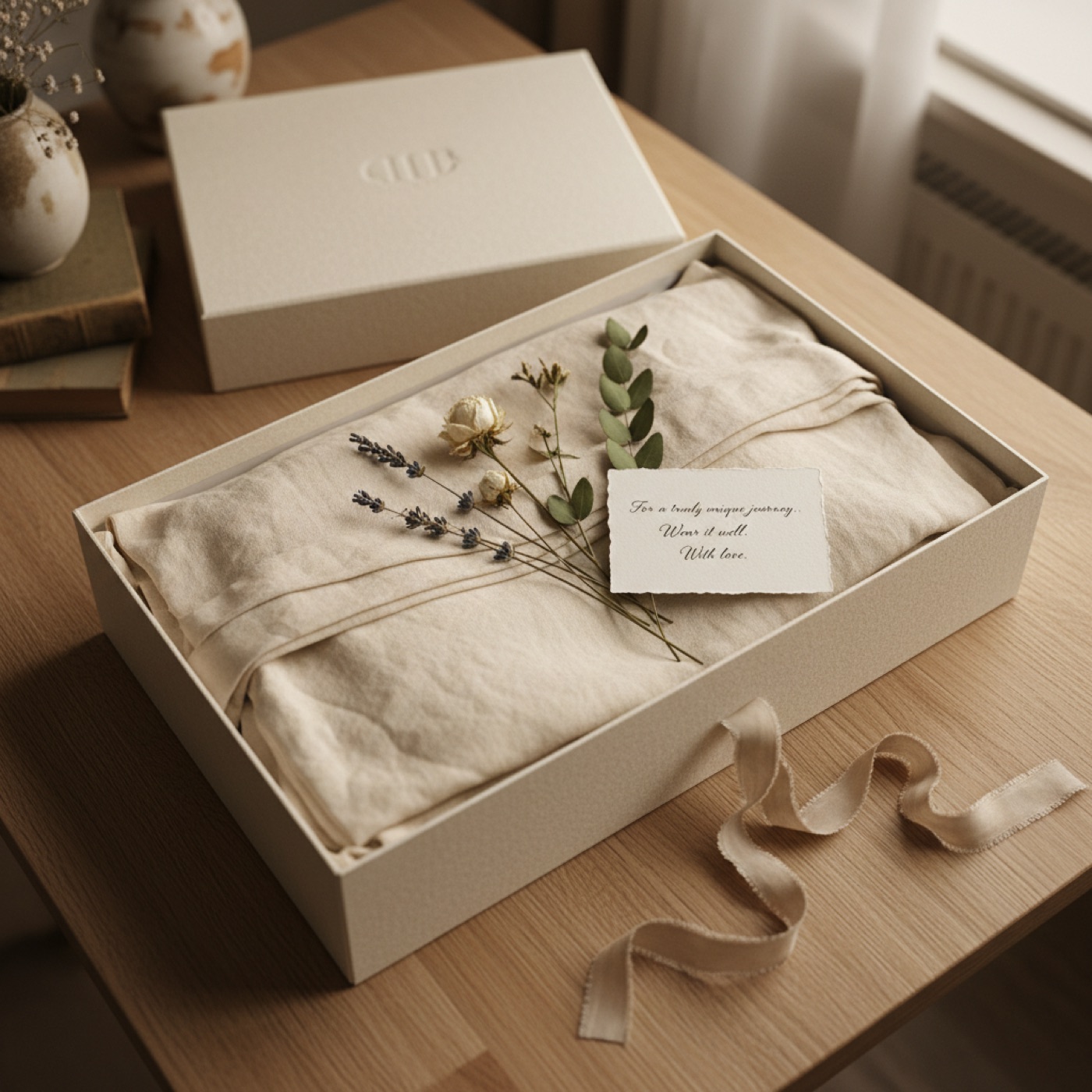 Caja de packaging artesanal con un vestido envuelto